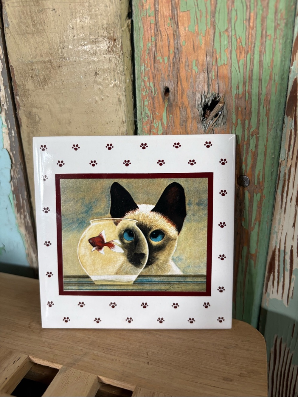Vintage Lowell Herrero Cat Tile wall hanging Siamese kitten with gold fish